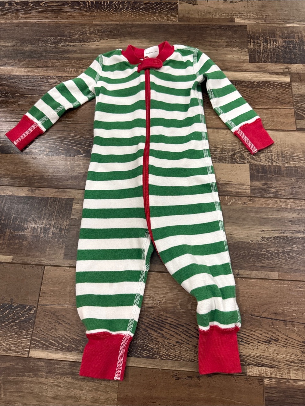 Hanna Andersson Green & White Striped Zip-Front Bodysuit with Red Trim 6-12 mont